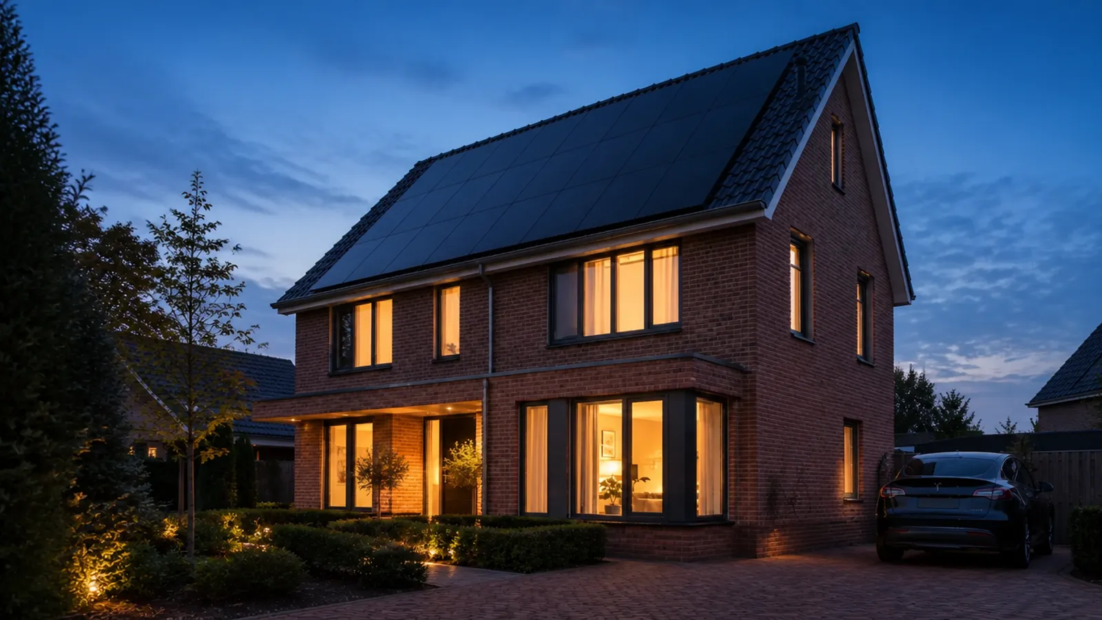 Woning met zonnepanelen op het dak in de avond