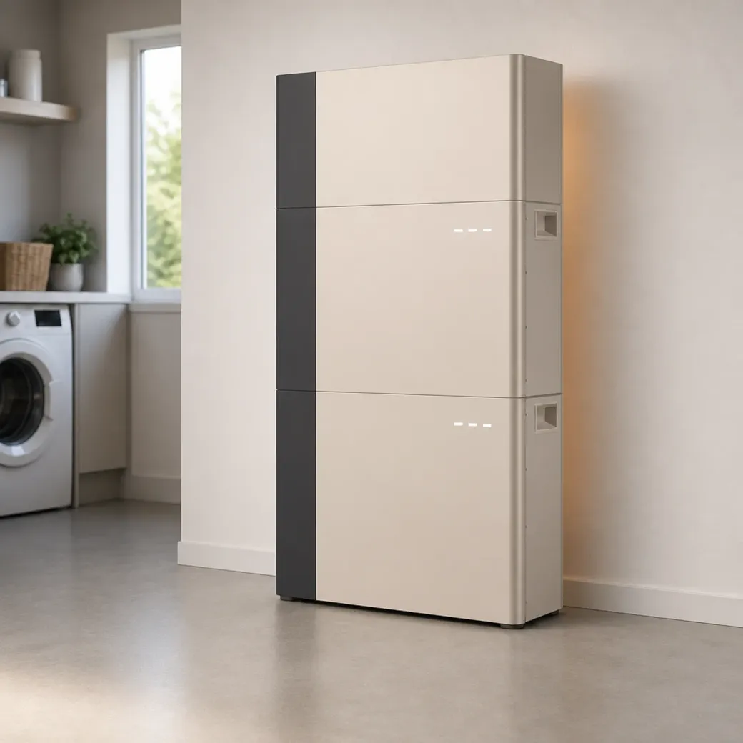 Thuisbatterij tegen de wand van een bijkeuken