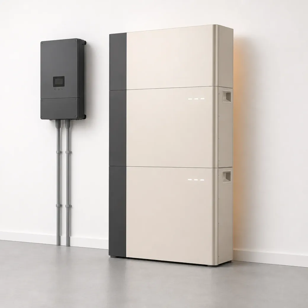 Thuisbatterij met omvormer aan een witte wand