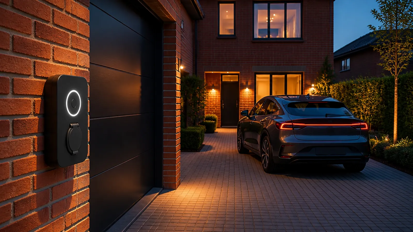Laadpaal aan de garagemuur van een woning, auto op de oprit