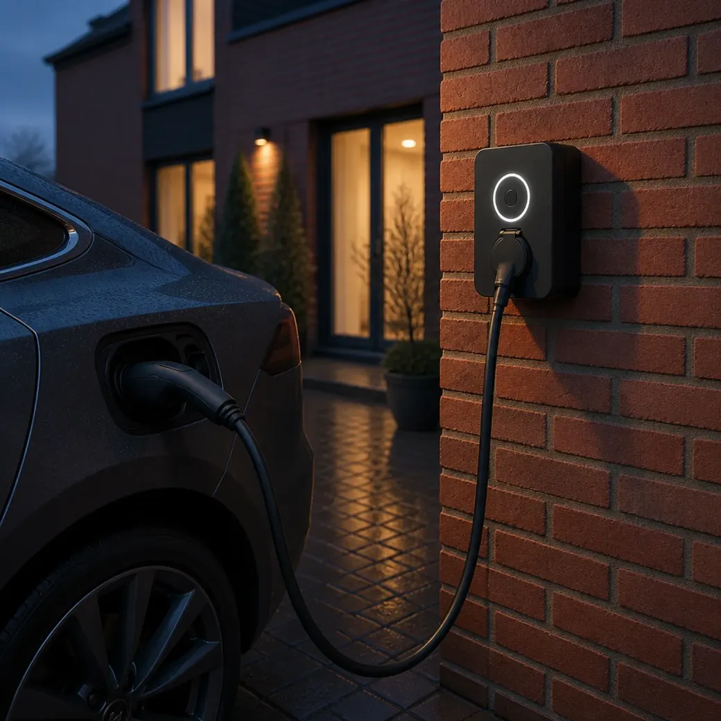Laadpaal aan de gevel van een woning, auto aan de laadkabel