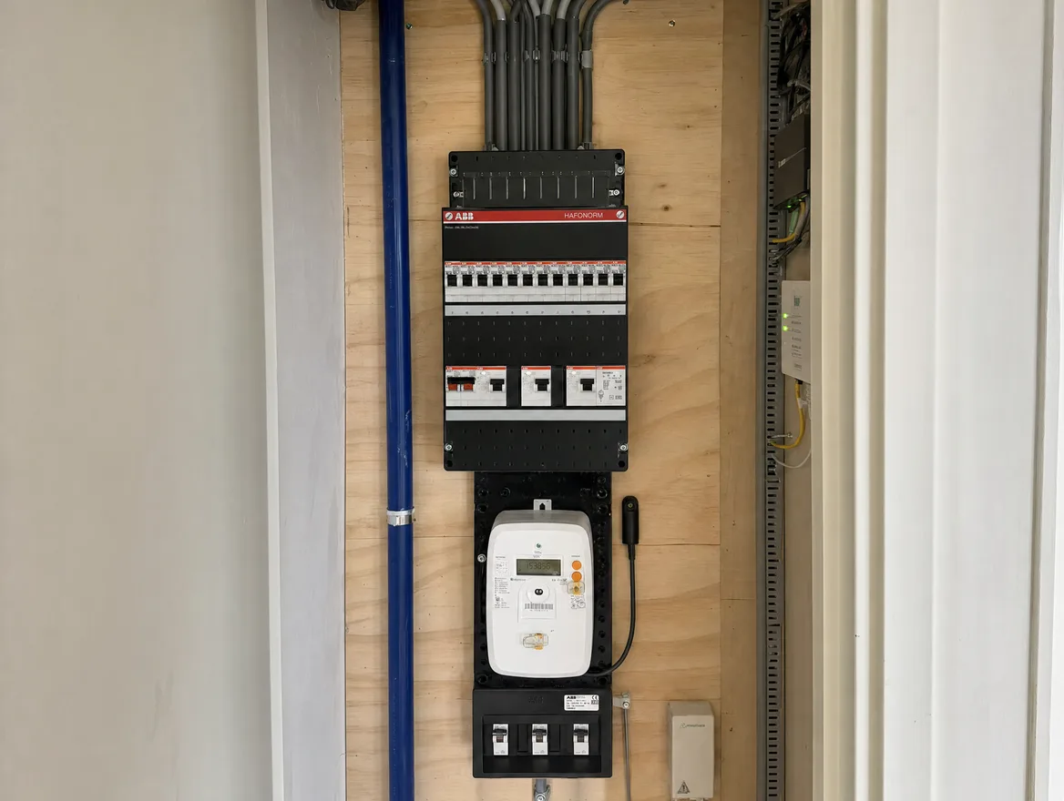 Meterkast met ABB Hafonorm-groepenkast en hoofdschakelaar