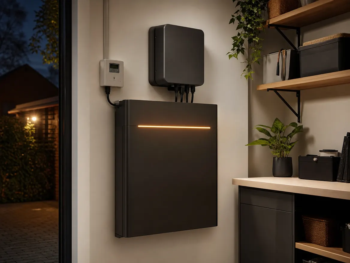 Thuisbatterij met omvormer en energy management in de berging