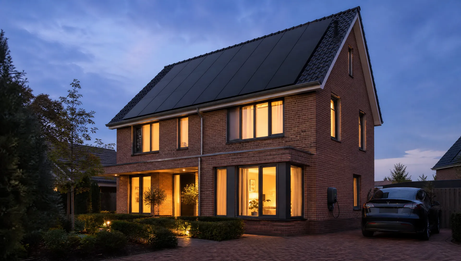 Baksteenwoning in de avondschemering met zonnepanelen op het dak en een laadpaal aan de gevel