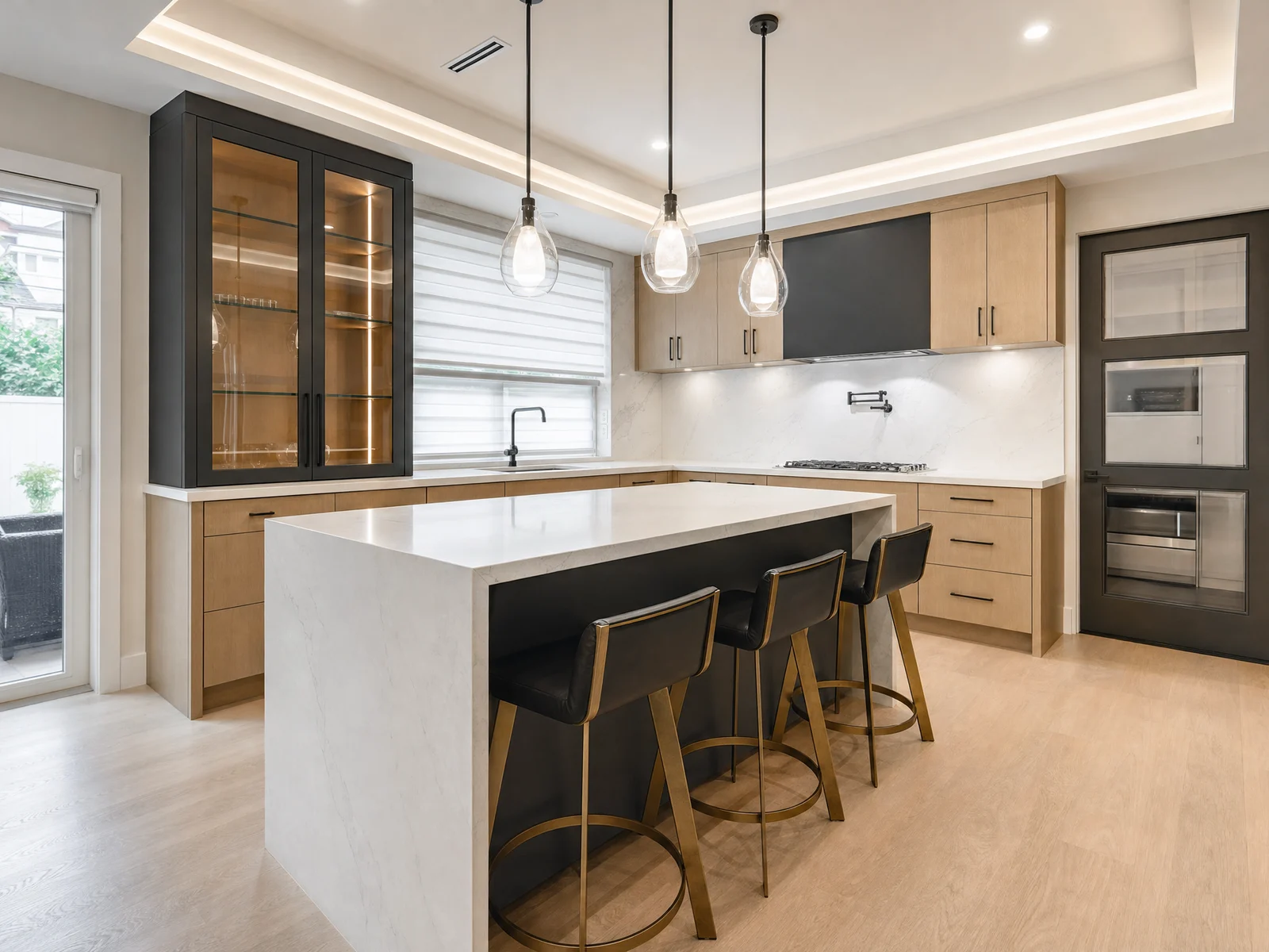 Ruime keuken met eiland, eiken kasten en inbouwverlichting na een elektrische renovatie