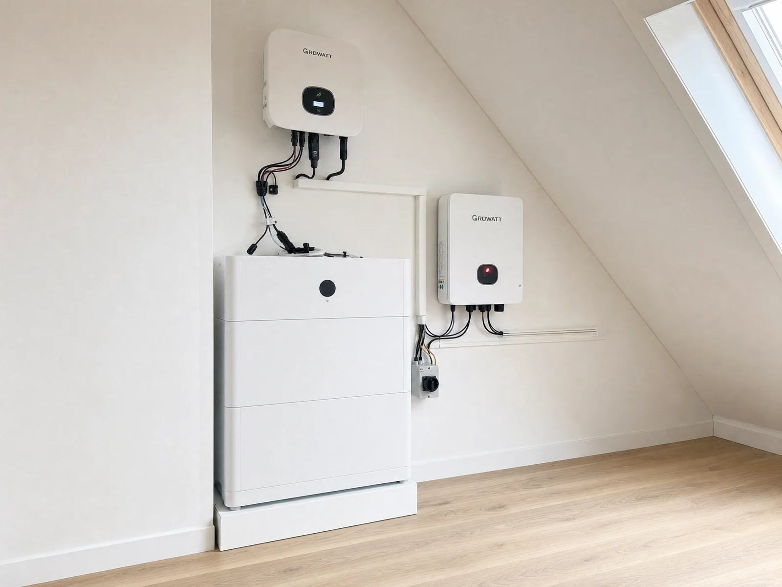 Verduurzamen: Growatt-omvormer, thuisbatterij en back-upkast netjes aan de wand van een zolderkamer