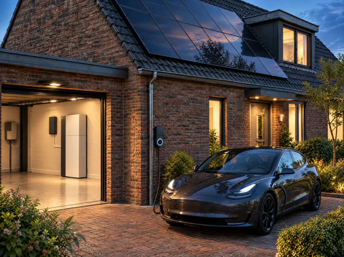 Woning met zonnepanelen, een laadpaal bij de oprit en een thuisbatterij in de garage